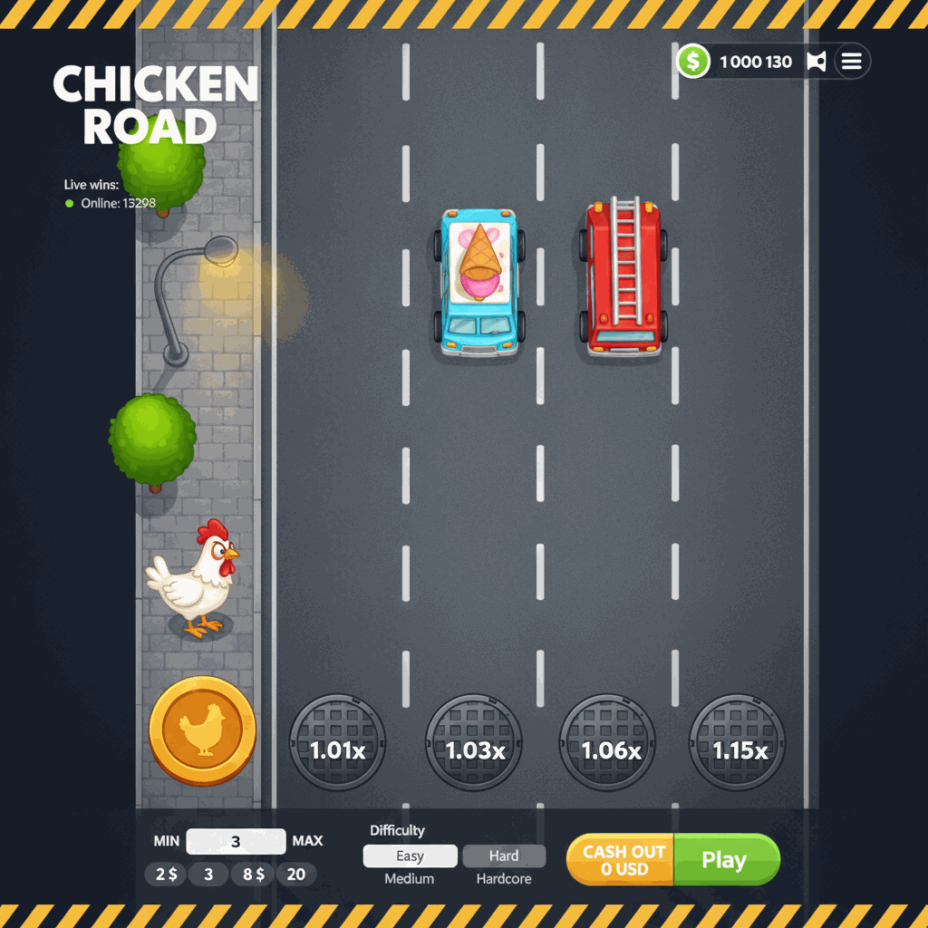 Chicken Road game interface showing a cartoon chicken character standing on an urban sidewalk preparing to cross a multi-lane asphalt road with white dashed lane dividers and circular manhole covers displaying multiplier values on each lane, viewed from a top-down perspective with trees and street lamps in the background