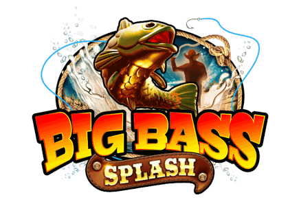 Big Bass Splash slot logo, bold orange to yellow gradient lettering with a bass fish mascot